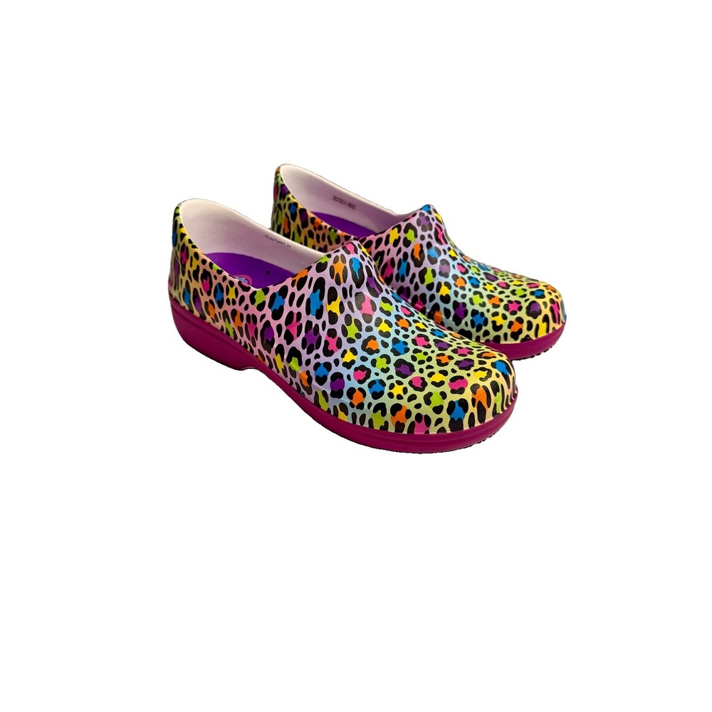 Crocs Lisa Frank Slip Resistant Neria Pro II Clogs Size 11 Rainbow Leopard Shoes